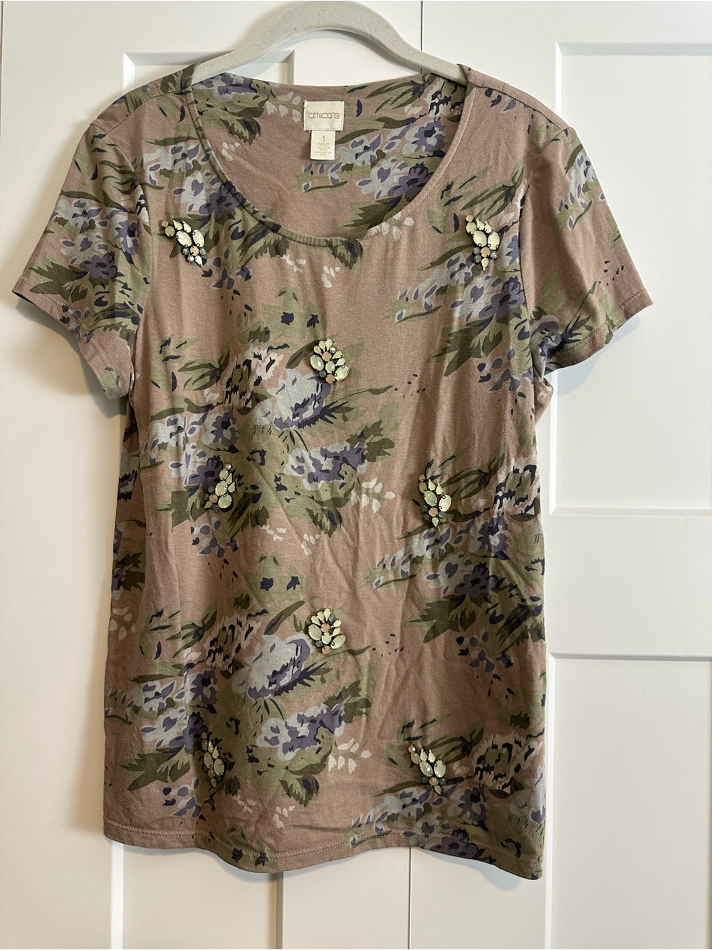 Chico's Taupe Floral Short-Sleeve Tee with Olive and Lavender Accents